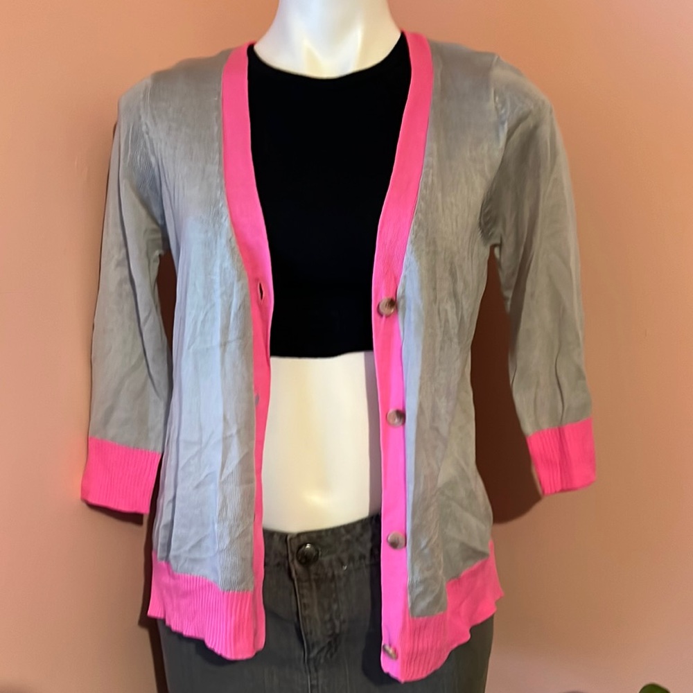 Gray Cardigan with Bright Pink Trim
